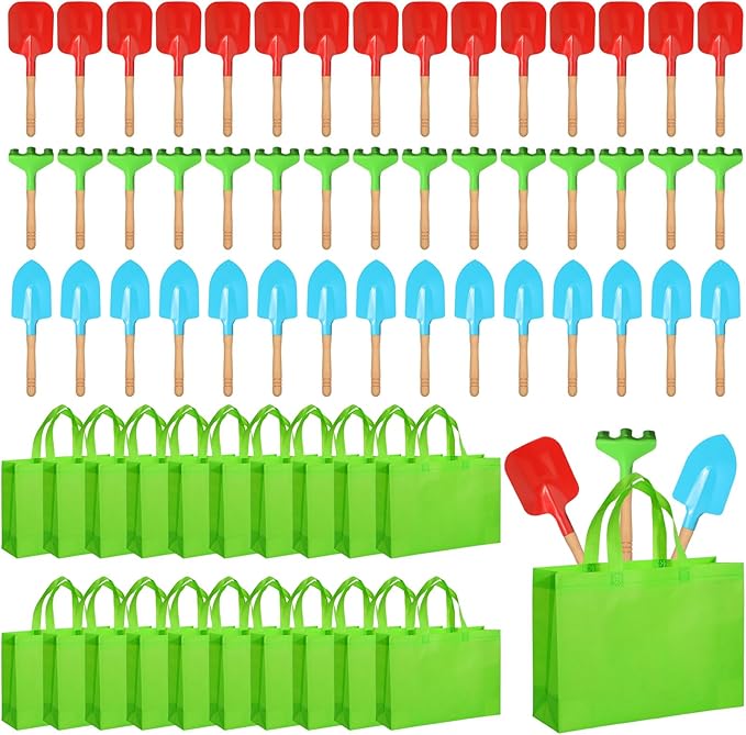Liliful 40 Pcs Kids Gardening Tools Set Garden Rake Garden Shovel Gardener Trowel Green Tote Bags Metal Mini Gardening Tools with Wooden Handle Beach Sandbox Toy for Planting Loosening Digging