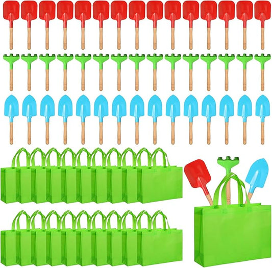 Liliful 40 Pcs Kids Gardening Tools Set Garden Rake Garden Shovel Gardener Trowel Green Tote Bags Metal Mini Gardening Tools with Wooden Handle Beach Sandbox Toy for Planting Loosening Digging