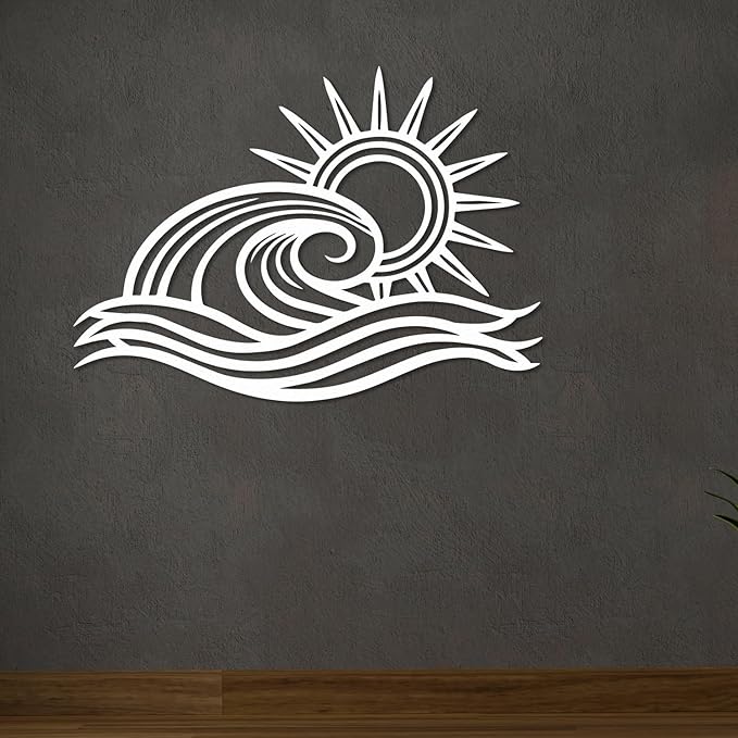 Wita Home Ocean Wave Metal Wall Art, Sun Beach Decor, Coastal Large Wall Sculpture for Home, Indoor/Outdoor Use, Nautical Wall Hanging, Eye-Catching Addition to Living Room (Silver, 24 x 14 inches)