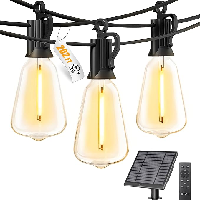 Brightown 202FT Solar String Lights Outdoor Waterproof with Remote, 65+1 LED Shatterproof Bulbs, Dimmable & Timable, 3 Light Modes - Commercial Grade Patio Lights for Garden Backyard Party Decor