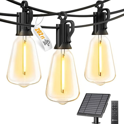 Brightown 202FT Solar String Lights Outdoor Waterproof with Remote, 65+1 LED Shatterproof Bulbs, Dimmable & Timable, 3 Light Modes - Commercial Grade Patio Lights for Garden Backyard Party Decor