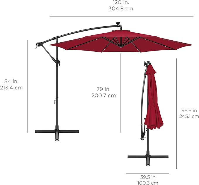 Best Choice Products 10ft Solar LED Offset Hanging Market Patio Umbrella for Backyard, Poolside, Lawn and Garden w/Easy Tilt Adjustment, Polyester Shade, 8 Ribs - Burgundy