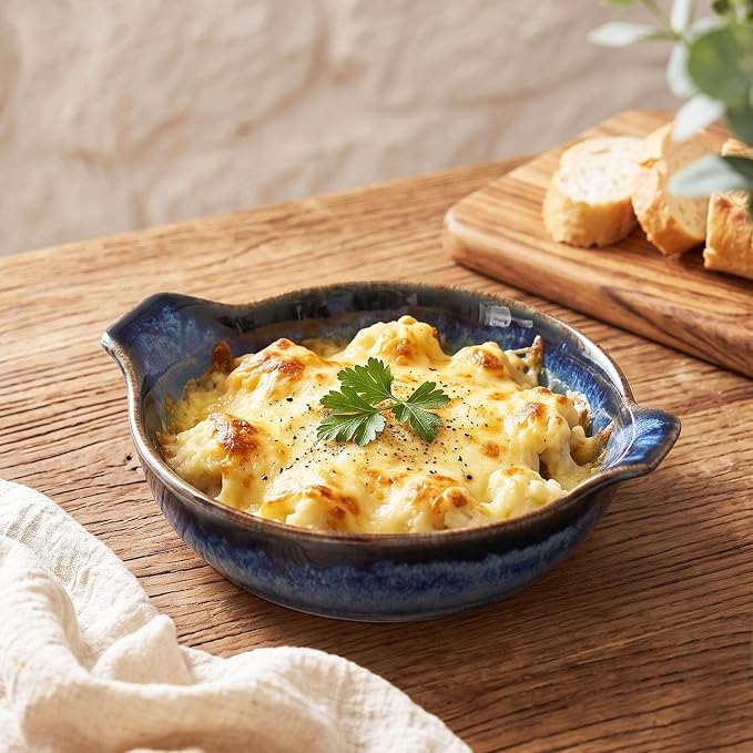 Ceramics Au Gratin baking Dishes Set of 4, Baking Tray Bake ware, 8.6 oz Ramekins, for Pie Pan, Appetizer, Tart, Dessert, Quiche, Oven Small dish, individual dishes, Round 7.5 Inch