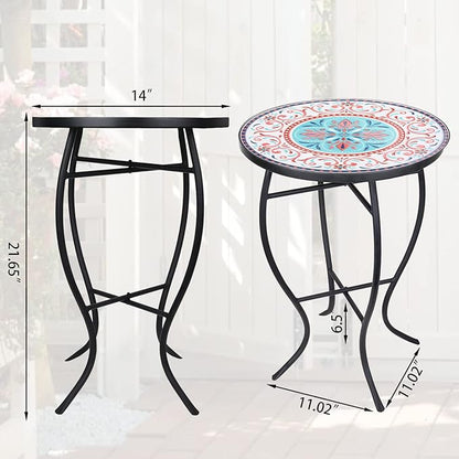 VCUTEKA Patio Side Table, Mosaic Outdoor Side Table 14" Round Small Accent Table Indoor End Table for Yard, Garden, Living Room, Bistro Balcony or Lawn