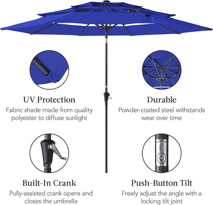 Best Choice Products 10ft 3-Tier Market Patio Umbrella, Outdoor Sun Shade with Tilt, Crank Lift, 8 Ribs for Backyard, Deck, Poolside – Resort Blue