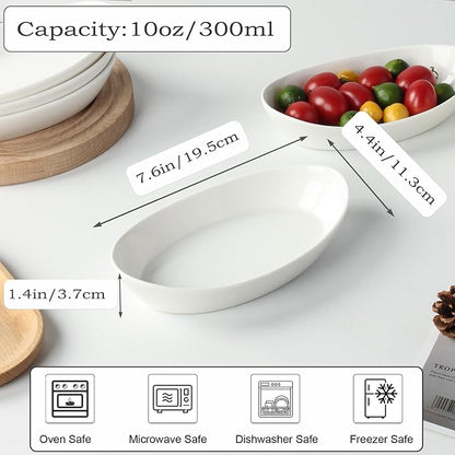 Au Gratin Baking Dishes for Oven Safe, Porcelain Mini Casserole Dish (4pc Set). 10oz Individual Gratin Dishes Set, Ceramic Small Baking Dish for Single Serving, Banana Split Bowls, 7.6x4.4in