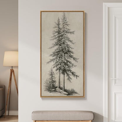 Large Framed Vertical Vintage Pine Tree Wall Art for Living Room, Neutral Sketch Rustic Classic Beige Canvas Artwork for Walls, Nordic Forest Farmhouse Wall Decor for Bedroom Hallway Office, 30x60 In