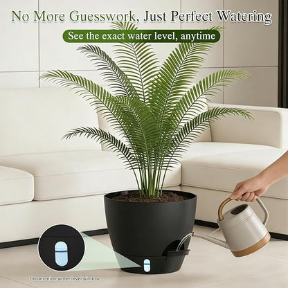 Plant Pots, 1 Pack 12 Inch Self Watering Pots with Drainage Holes, Water Level Indicator Deep Reservoir, Large Planters for Indoor Outdoor Plants - Black