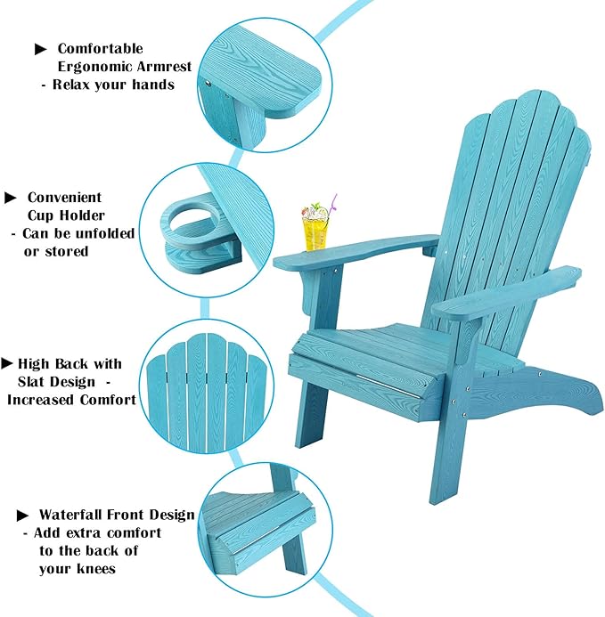 hOmeHua Oversized Adirondack Chairs Set of 2, HIPS Adirondack Chairs Weather Resistant with Cup Holder, Plastic Outdoor Chair for Patio, Backyard Deck, Fire Pit Lawn Porch (Lake Blue)