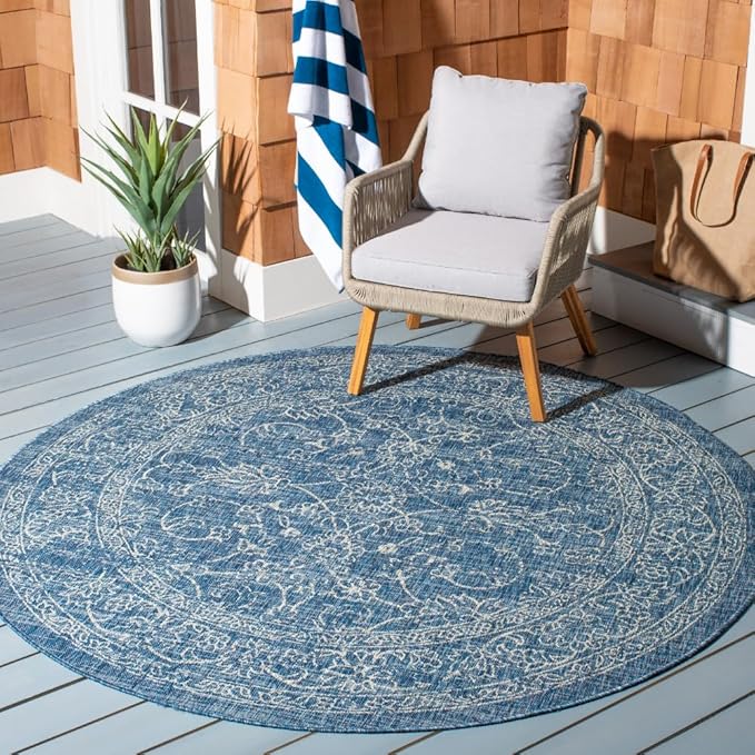 SAFAVIEH Washable Rug Outdoor Courtyard Collection - 6'7" Round, Navy & Ivory, Non-Shedding & Easy Cleaning, Ideal for Patio, Backyard, Mudroom (CY8680-36821)