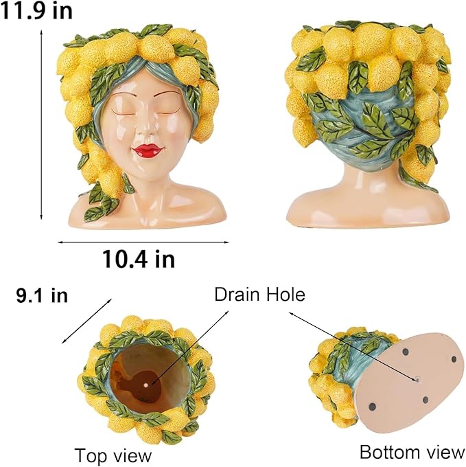 DiliComing Face-Planters Pots Head Garden Decor - 12 Inch Planters Pot with Drainage Hole for Indoor and Outdoor 10.4 x 9.1 x 11.9 Inch