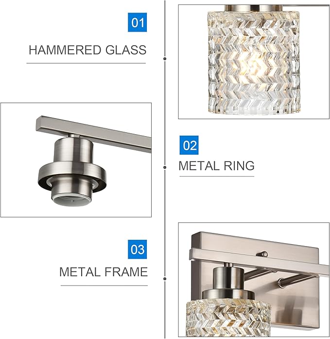 MELUCEE 6 Lights Bathroom Lighting Fixtures Over Mirror Brushed Nickel with Hammered Glass Shade, Vanity Light Indoor Wall Mounted Lamp for Bathroom Bedroom Kitchen