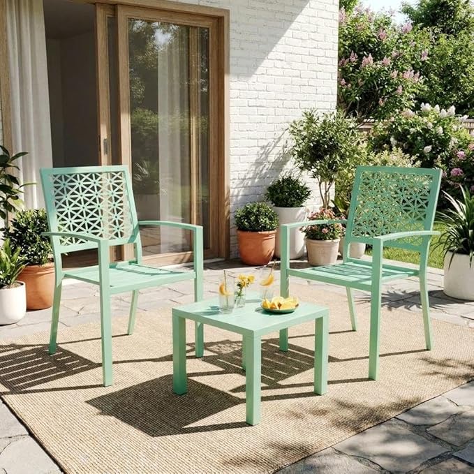GarveeTech 3 PCS Outdoor Bistro Set, Stackable Modern Metal Steel Table and Chairs, Small Patio Furniture Conversation Set for Porch, Deck, Balcony, Garden, Geometric Decor - Mint Green