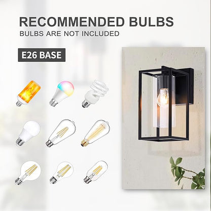 Pia Ricco Outdoor Wall Lights, Black Outdoor Wall Lantern with Square Clear Glass Shade, Waterproof Exterior Lighting Fixtures, Modern Front Porch Lighting for House, Garage, E26 Base, ETL Listed