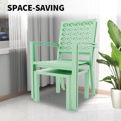 GarveeTech 3 PCS Outdoor Bistro Set, Stackable Modern Metal Steel Table and Chairs, Small Patio Furniture Conversation Set for Porch, Deck, Balcony, Garden, Geometric Decor - Mint Green