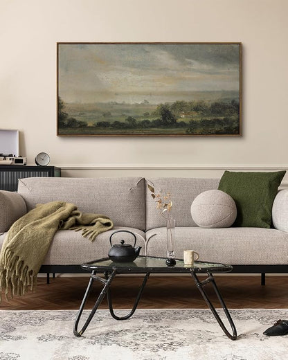 InSimSea Extra Large Framed Vintage Wall Art, Living Room Country Farmhouse Decor, Wild Field under Sky Landscape Paintings, Canvas Prints, Scenery Long Picture for Bedroom Above of Bed,24x48inch