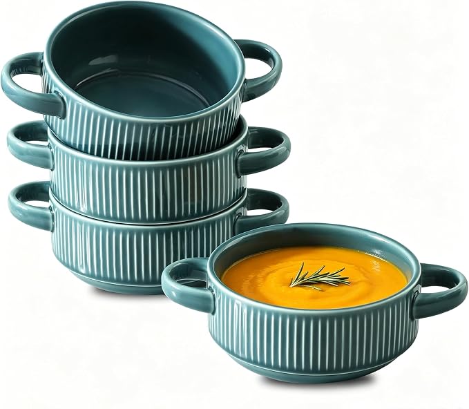 Soup Bowls with Handles, 23 oz French Onion Soup Crocks, Stackable Soup Bowl Oven Safe for Chili, Beef Stew, Embossment Ceramic Bowl Set - 5.4 Inch, Set of 4,Light blue