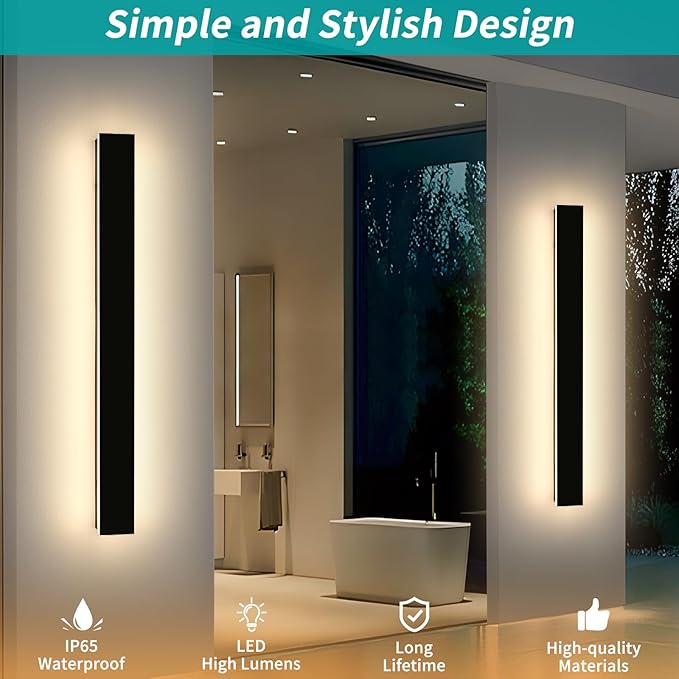 Mikeru 47.2inch Outdoor Wall Light Fixtures, 10%-100% Dimmable Black Exterior Wall Sconces, 3000k-6000k Acrylic Invisible Exterior Wall Light for Porch Modern Outdoor Wall Mount Lighting for House