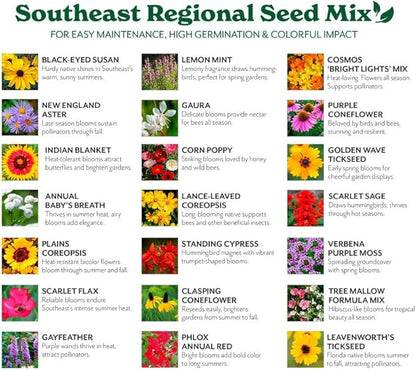 Grow Your Own Vibrant Annual and Perennial Wildflower Garden Seeds Mixture, Varieties for Pollinators and Spring Gardens - Southeast Regional Mix, 1/4 lb