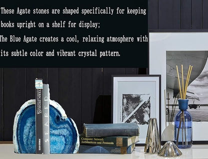 JIC Gem Agate Decorative Book Ends Blue Gemstone Geode Bookends Cool Crystal Bookends for Shelves Book Ends for Heavy Duty Books with Rubber Bumpers for Office and Home Décor (1 Pair,4-6 LBS)