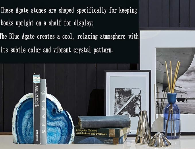 JIC Gem Agate Bookends Dyed Blue Book Ends for Heavy Books Geode Bookends for Bookshelf Decor Cute Stone Bookends with Rubber Bumpers for Office Décor and Home Decoration(1 Pair,6 to 8 Lbs)