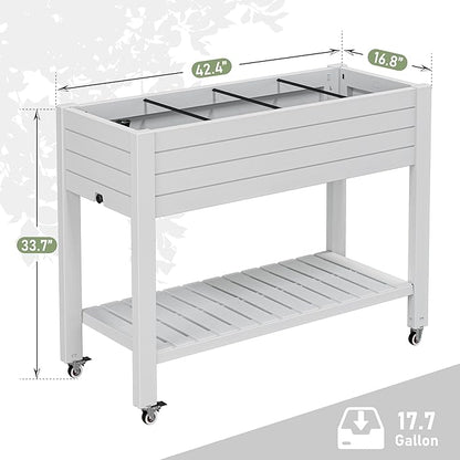 Raised Garden Bed with Wheels, Divisible Resin Planter Box with Drainage Gauge & Storage Shelf, Herb Planter for Garden Patio Backyard, White