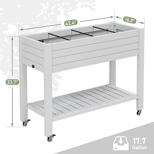 Raised Garden Bed with Wheels, Divisible Resin Planter Box with Drainage Gauge & Storage Shelf, Herb Planter for Garden Patio Backyard, White