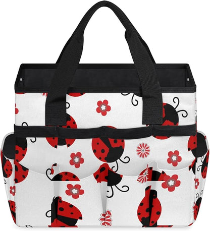 Ladybug Gardening Tool Bag,Heavy Duty Garden Tote Bag,Portable Oxford Flower Gardening Storage Basket Organizer Handbag with Pockets Handle,Hand Tools Gifts for Outdoor Garden Lawn Yard