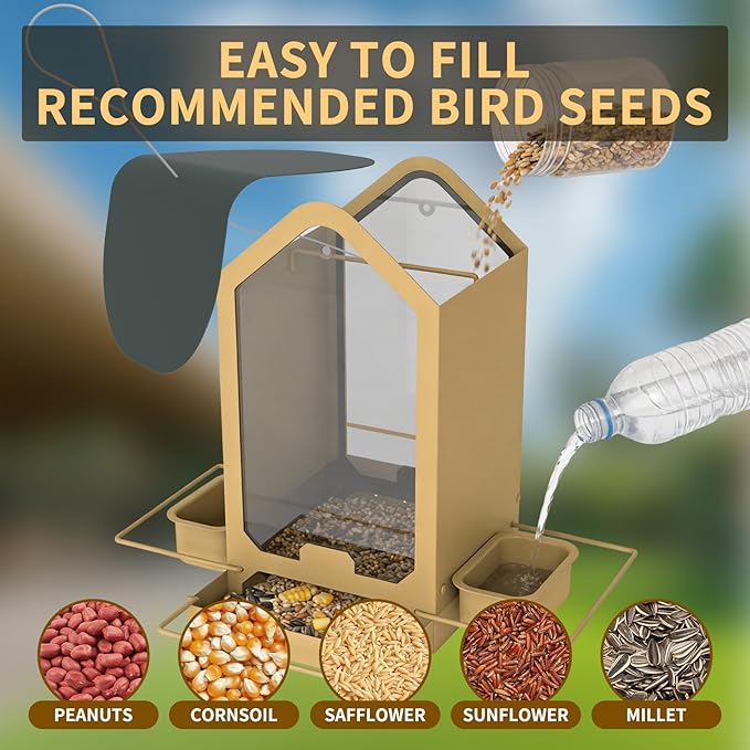 FlowaFoli Metal Bird Feeders for Outdoors | Both Sides Removable Feeding Troughs for Easy Cleaning | 360 Degree Perch | Perfect for Attracting Wild Birds