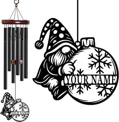 Personalized Customize Name Gnome Wind Chime, Metal Iron 37 Inch Outdoor Memorial Gift for Garden Yard Patio Home Decor, Black，Christmas (Style G)