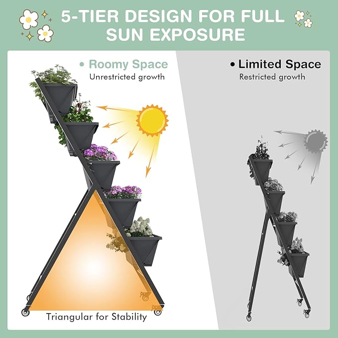 Vertical Garden Bed with Wheels, 5 Tier Raised Garden Bed w/Removable Planter Boxes, Lockable Wheels, Drainage Holes, Rolling Vertical Planter for Herb Vegetable Flower, Outdoor Patio Balcony