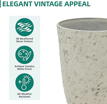 19.5" Resin Tall Planters for Outdoor Plants, Set of 2 Country White Large Flower Pots with Handmade Birch Bark Texture, Heavy-Duty and Weather-Resistant for Year Round Indoor Outdoor use