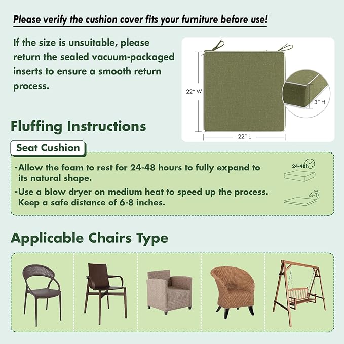 MIULEE Green Outdoor Chair Cushions Set of 2, 22x22x3 Inch Waterproof Patio Seat Cushions for Outdoor Furniture Couch Sofa, 3 Year Color Fastness High Density Foam with Adjustable Ties