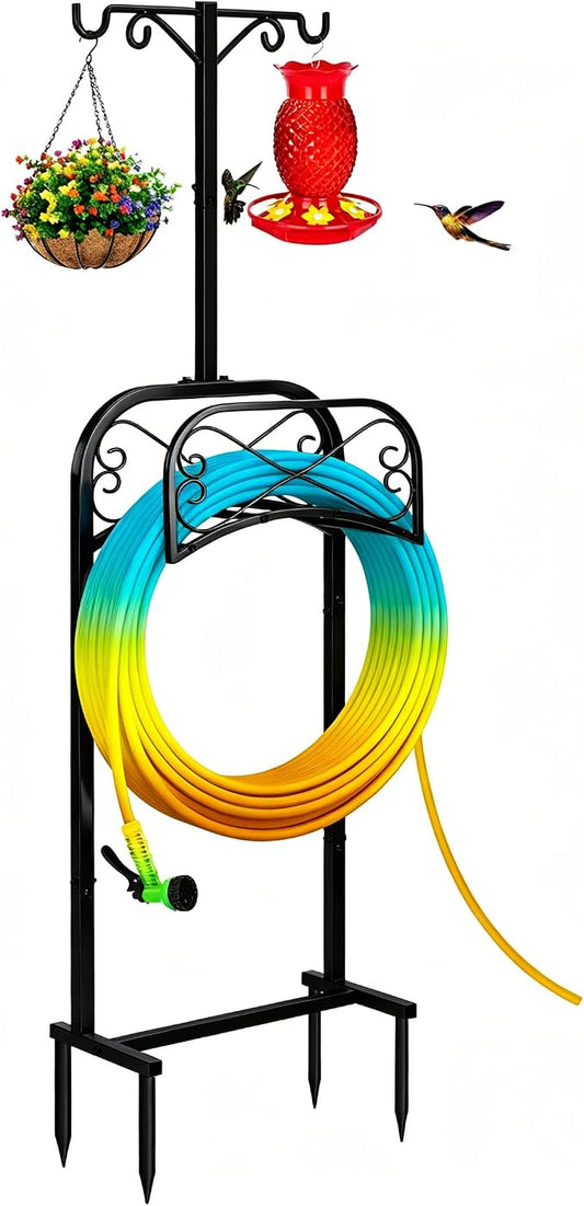 Gtongoko Garden Hose Holder for Outside 70" with 4 Prongs Base & 2 Shepherds Hooks Heavy Duty Freestanding Metal Water Hose Holder Stand Holds Up to 150FT Hose & 44LB Detachable Hose Storage for Yard