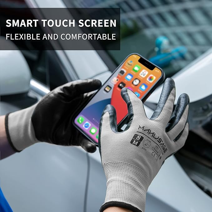 Safety Work Gloves, Nitrile Work Gloves For Men and Women, Work Gloves With Touchscreen Fingers, Work Gloves men, Men's work gloves with grip,mechanics gloves (Size-L, Grey, 6 Pairs)