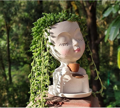 Face Planter Pots, Resin Face Planter for Indoo/Outdoor Plants,Head Planter with Drainage Hole/Removable Saucer (Coffee, White)