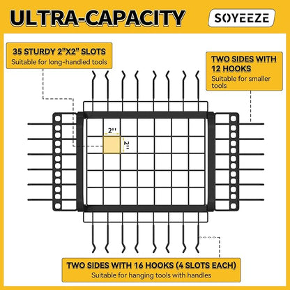 SOYEEZE Garden Tool Organizer with Lockable Wheels, Heavy Duty 3-Tier Yard Tower Tool Rack for Garage, Holds Up to 35 Long-Handled Tools, Garden Tool Cart with 12 Hooks for Tool Organization Storage