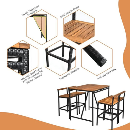 RELAX4LIFE 5-Piece Patio Bar Set, Acacia Wood Counter Height Bistro Dining Table w/Umbrella Hole, Wicker Rattan Bar Stools Set of 4 for Balcony Backyard Poolside, 5PCS Outdoor Bar Table and Chairs Set