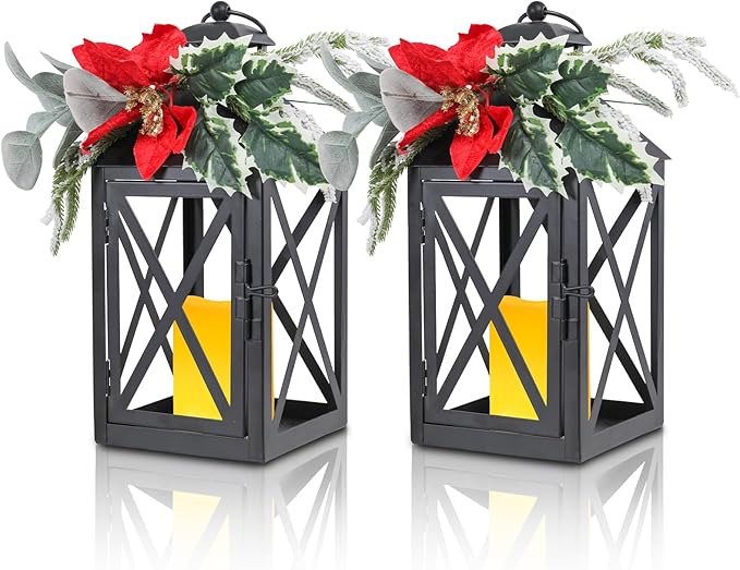 Taman Christmas Lantern,2 Pack Hanging Flickering Candle Lanterns Decorative Metal Vintage Light Battery Operated Umbrella Lights for Christmas Patio Garden, Table,Party Decor