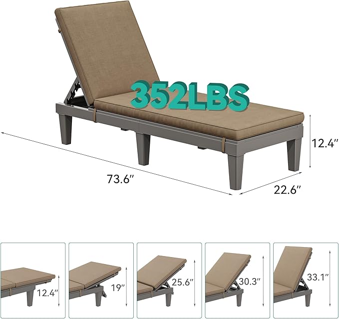 YITAHOME Outdoor Chaise Lounge Chair, Plastic Pool Chaise Lounge with Cushions & 5-Position Backrest, Easy Assembly & Waterproof for Patio & Poolside, Set of 2, Brown