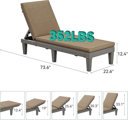 YITAHOME Outdoor Chaise Lounge Chair, Plastic Pool Chaise Lounge with Cushions & 5-Position Backrest, Easy Assembly & Waterproof for Patio & Poolside, Set of 2, Brown