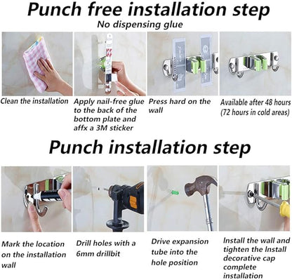 DGSL 4 PCS Broom Holder Wall Mount with 3 Racks 4 Hooks, Stainless Steel Wall Mounted Organizer Mop and Broom Storage Tool Rack for Home Kitchen Garden