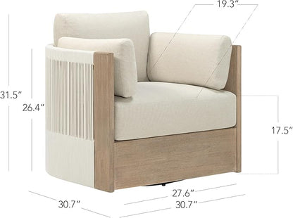 CHITA Boho Patio Rattan 360° Swivel Chair, Outdoor Wicker Furniture with 7.9″ Thickened Cushions and 2 Arm Pillows, Acacia Wood Frame, Fully Assembled(Cream)