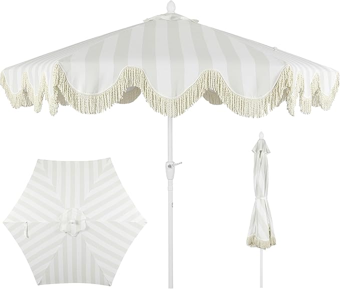 JONATHAN Y UMB1001 Collins 9 ft. Classic Cottage Tassel Market Patio Umbrella with Auto-Tilt, Crank, Wind Vent and UV Protection