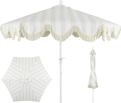 JONATHAN Y UMB1001 Collins 9 ft. Classic Cottage Tassel Market Patio Umbrella with Auto-Tilt, Crank, Wind Vent and UV Protection