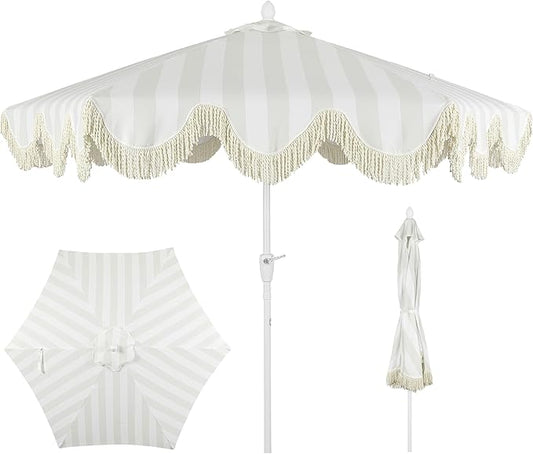 JONATHAN Y UMB1001 Collins 9 ft. Classic Cottage Tassel Market Patio Umbrella with Auto-Tilt, Crank, Wind Vent and UV Protection