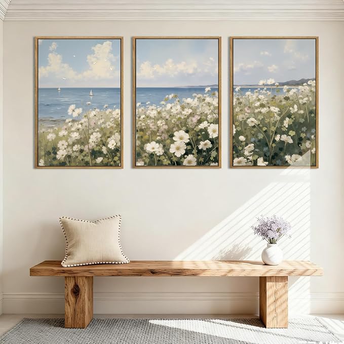 Anyzal Large Farmhouse Flower Framed Wall Art 16x24 Inch Coastal Wildflower Canvas Wall Decor Modern Landscape Painting for Living Room Bedroom Dining Room Set of 3