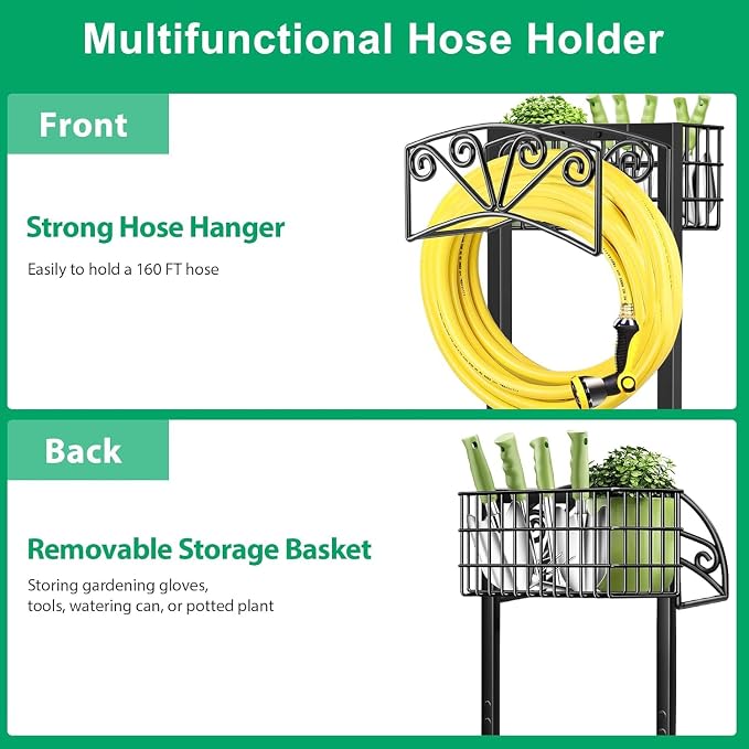 TomCare Garden Hose Holder Upgraded Heavy Duty Metal Water Hose Holder Holds 160 FT Hoses Sturdy Hose Reel Freestanding Outdoor Hoses Storage Hanger for Outside Yard Lawn