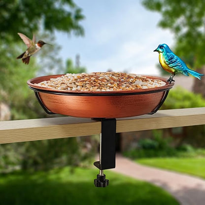 Deck Bird Bath for Outdoors, 11" Copper Metal Birdbath Bowl with Adjustable Big Steel Clamp Backyard Bird Bath&Bird Feeder for Railing Balcony Fence Yard Art Garden Decor