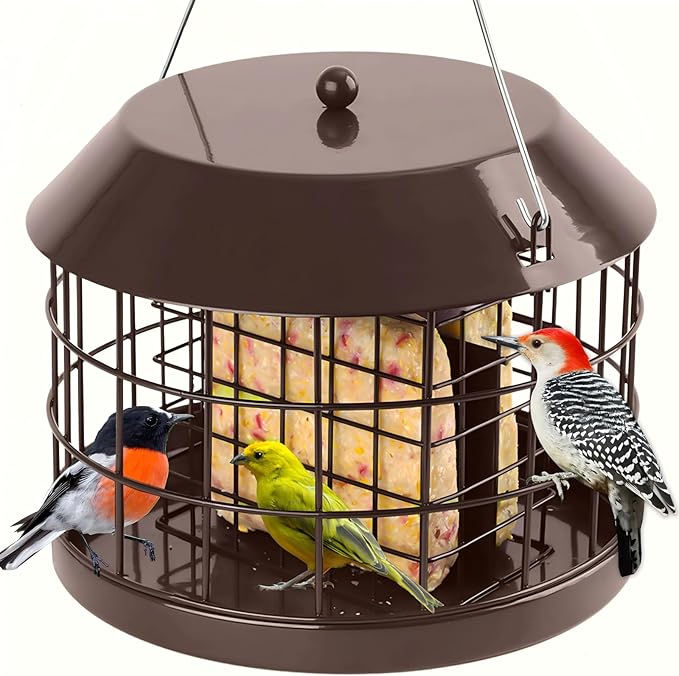 Gbekery Caged Suet Bird Feeder for Outdoors Hanging, Squirrel Proof Double Suet Feeder for Small Birds, Metal Cage with Detachable Hook, Large Space, Outdoors Weatherproof, Brown
